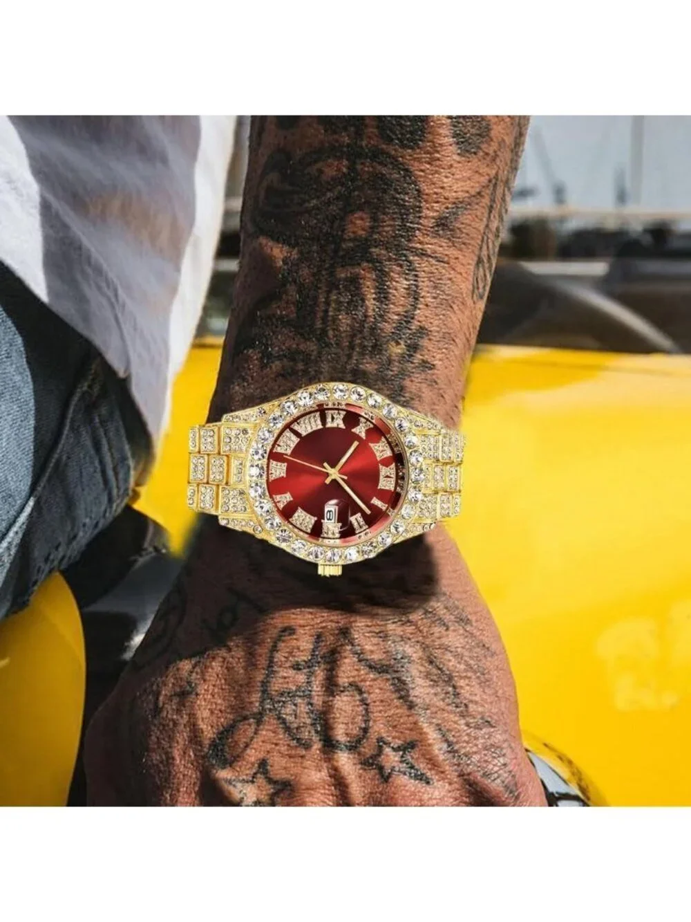 Men's Gold Red Analog Crystal Rhinestone Diamond Iced-Out Bracelet Wrist Watch